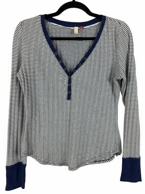 Pilcro Navy & White Striped Henley Long Sleeve Knit Top Size Medium Anthro